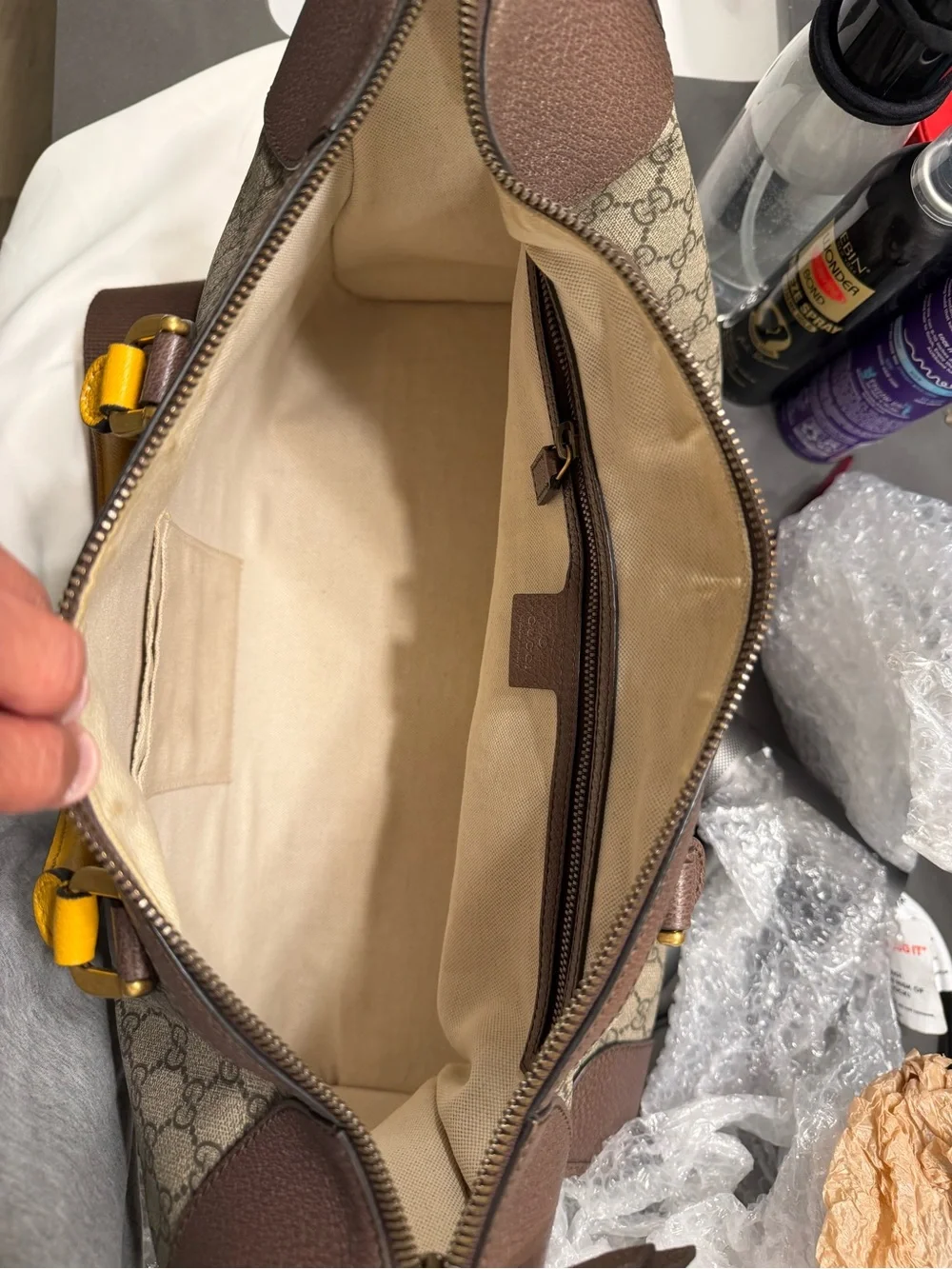 Gucci Beige GG Supreme Canvas Duffel with Brown Leather and Green-Red Web